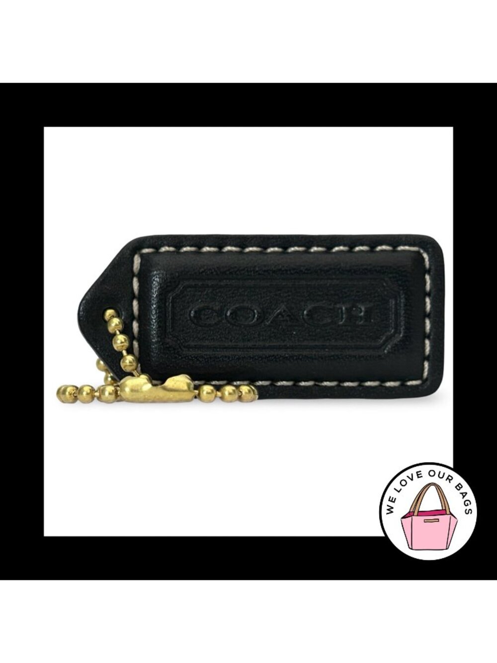 COACH Y2K VINTAGE Hang Tag 2" Black Brass Leather Bag Charm Keychain Fob Medium